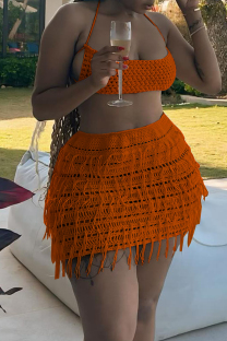 Orange Sexy Solid Lace Backless Cross Straps Weave Spaghetti Strap Sleeveless Two Pieces