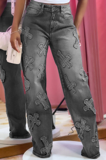 Dark Gray Casual Patchwork Pocket Buttons Zipper High Waist Loose Denim Jeans