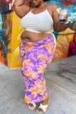 Purple Casual Print Basic Plus Size High Waist Skirt