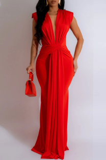 Red Sexy Casual Solid Patchwork V Neck Long Dresses