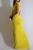 Yellow Sexy Casual Solid Patchwork V Neck Long Dresses