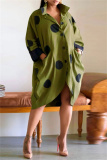 Army Green Casual Dot Print Pocket Buttons Turndown Collar Shirt Dress Dresses