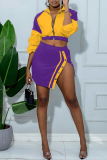 Yellow Purple Casual Solid Patchwork Buckle Zipper Collar Long Sleeve Two Pieces