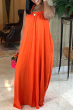 Tangerine Red Sweet Solid Patchwork Fold Halter Long Dresses