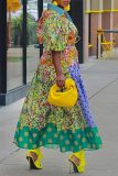 Multicolor Casual Print Patchwork Turndown Collar Short Sleeve Dresses