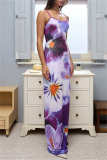 Purple Casual Print Backless Spaghetti Strap Long Dresses