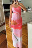 Pink Casual Print Backless Spaghetti Strap Long Dresses