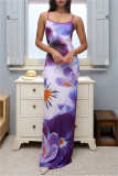 Purple Casual Print Backless Spaghetti Strap Long Dresses