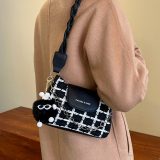 Cream White Vintage Plaid Patchwork Contrast Bags((With pendant))