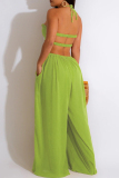 Yellow Sexy Casual Solid Frenulum Backless Halter Regular Jumpsuits