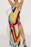 Multicolor Sexy Print Patchwork High Opening Halter Long Dresses
