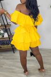 Yellow Street Solid Patchwork Pleated Off the Shoulder Plus Size Jumpsuits