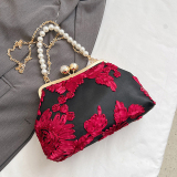 Burgundy Vintage Elegant Flowers Pearl Fold Bags
