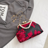 Black Red Vintage Elegant Flowers Pearl Fold Bags