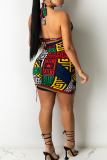 Multicolor Sexy Print Hollowed Out Patchwork Draw String Halter Wrapped Skirt Dresses