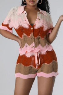 Pink Casual Patchwork Buttons Contrast Turndown Collar Short Sleeve Two Pieces