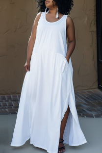 White Casual Solid Patchwork Pocket Slit O Neck Vest Plus Size Dresses