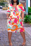 Light Orange Casual Print Patchwork V Neck Short Sleeve Short Sleeve Dress