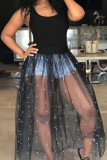 Black Elegant Dot Patchwork See-through Mesh U Neck Long Dresses