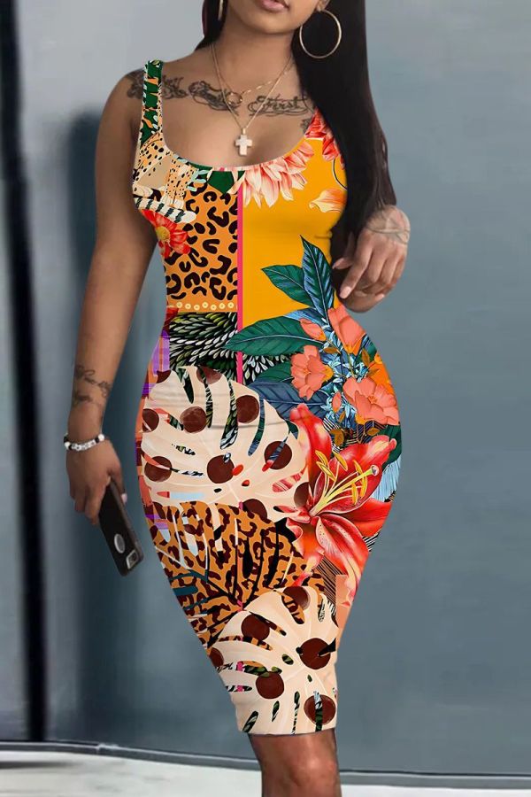 Orange Casual Print Basic U Neck Vest Dresses