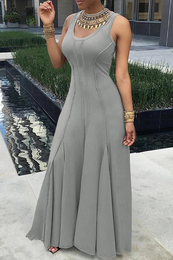 Grey Casual Solid Basic U Neck Long Dresses