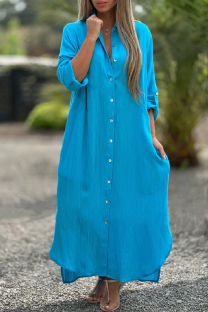 Sky Blue Casual Solid Buttons Turndown Collar Shirt Dresses