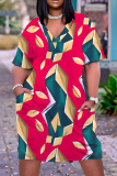 Light Orange Casual Print Patchwork V Neck Short Sleeve Short Sleeve Dress