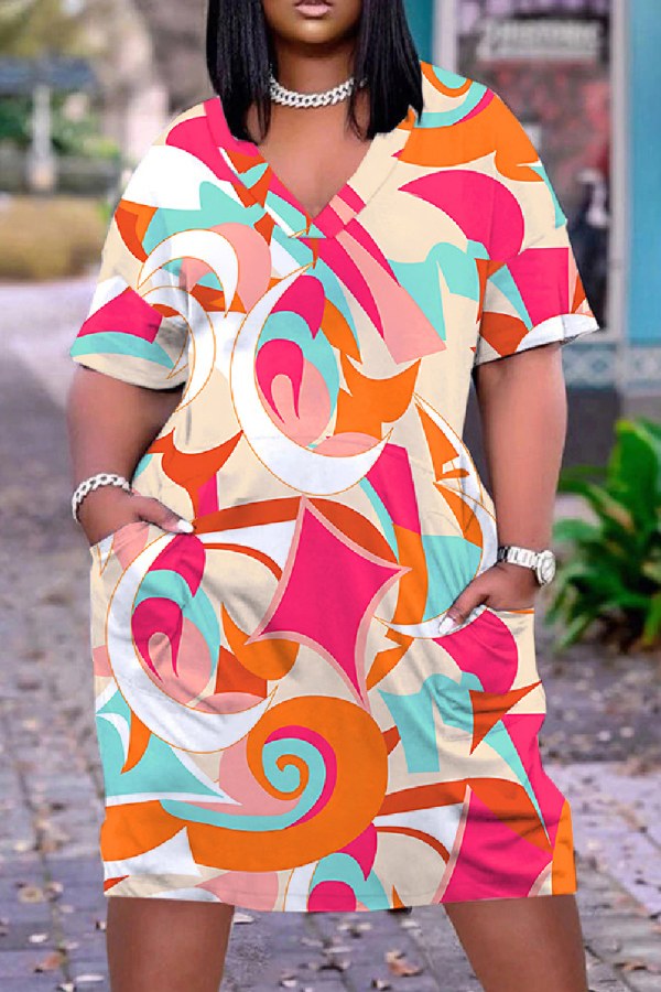 Orange Casual Print Patchwork V Neck Short Sleeve Short Sleeve Dress