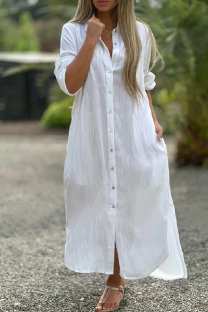 White Casual Solid Buttons Turndown Collar Shirt Dresses