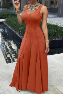 Red Casual Solid Basic U Neck Long Dresses