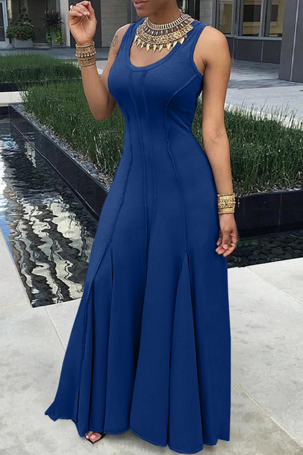 Navy Blue Casual Solid Basic U Neck Long Dresses