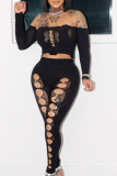 Black Sexy Hollowed Out Patchwork Off the Shoulder Long Sleeve Two Pieces