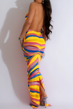 Red Elegant Print Hollowed Out Patchwork Backless Slit Asymmetrical Collar Printed Dresses