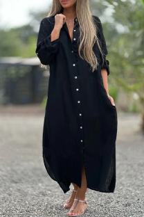 Black Casual Solid Buttons Turndown Collar Shirt Dresses