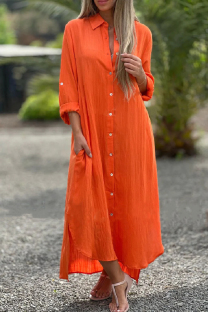 Orange Red Casual Solid Buttons Turndown Collar Shirt Dresses