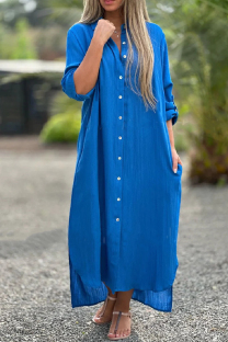 Blue Casual Solid Buttons Turndown Collar Shirt Dresses