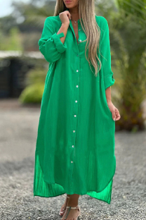 Green Casual Solid Buttons Turndown Collar Shirt Dresses