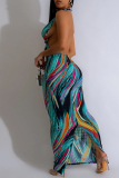 Green Sexy Print Hollowed Out Patchwork Backless Slit V Neck Long Dresses
