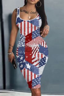 Navy Blue Casual American Flag Stars Print U Neck Bodycon Vest Dresses