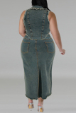 Blue Celebrities Solid Tassel Patchwork Pocket Slit Zipper Turndown Collar Plus Size Two Pieces