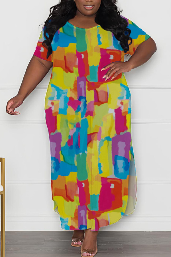 Colour Casual Print Slit O Neck Long Plus Size Dresses