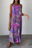 Rose Red Casual Print Basic Spaghetti Strap Long Dresses