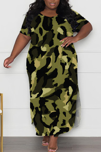 Army Green Casual Print Slit O Neck Long Plus Size Dresses