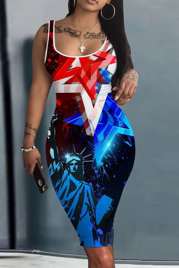 Dark Blue Casual American Flag Stars Print U Neck Bodycon Vest Dresses