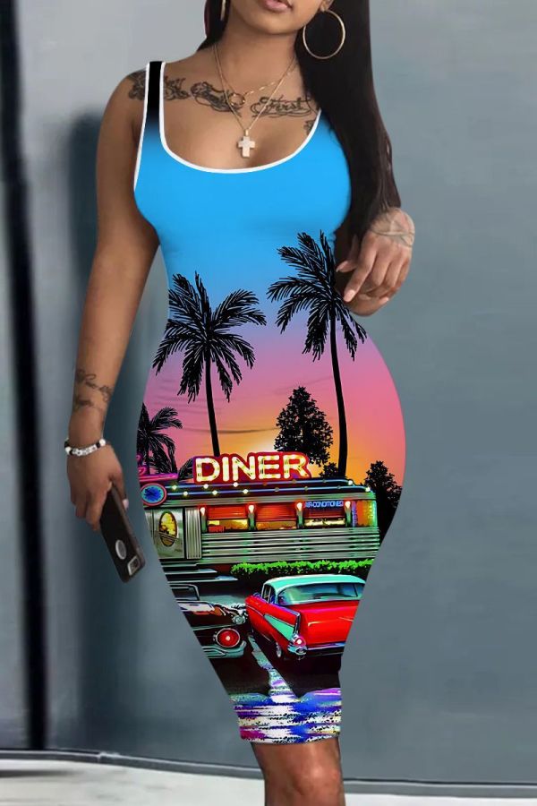 Light Blue Casual Print Basic U Neck Vest Dresses