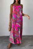 Rose Red Casual Print Basic Spaghetti Strap Long Dresses