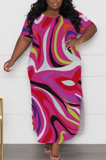 Rose Red Casual Print Slit O Neck Long Plus Size Dresses