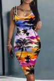 Black Purple Casual Print Basic U Neck Vest Dresses