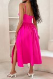 Rose Red Sexy Casual Solid Hollowed Out Backless Slit Spaghetti Strap Sleeveless Dresses