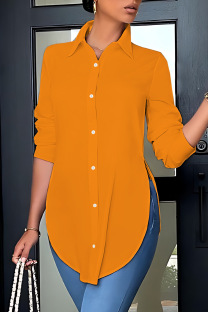 Orange Casual Solid Patchwork Shirt Collar Tops